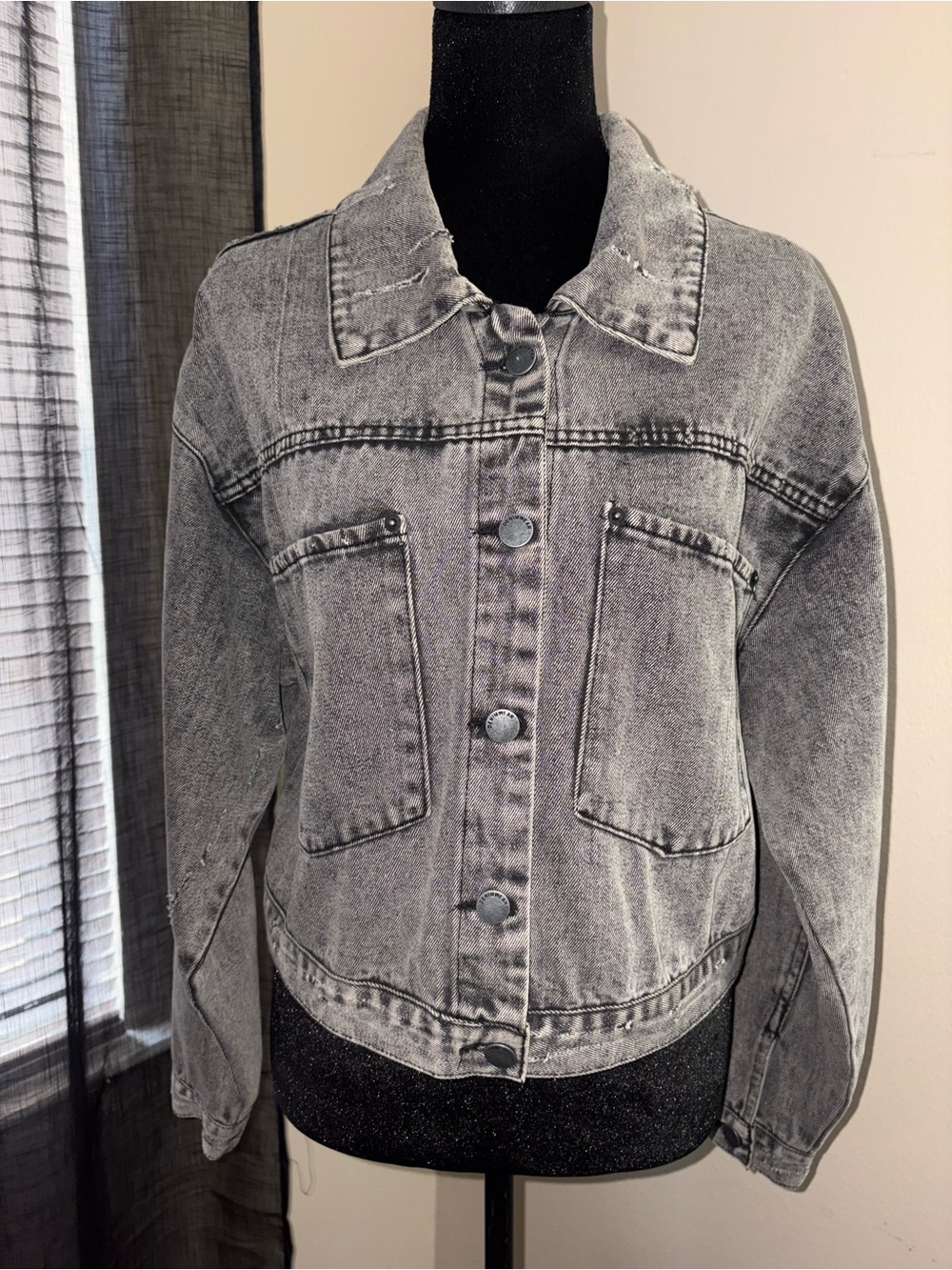 Washed Gray Denim Jean Jacket - Classic Button-Front